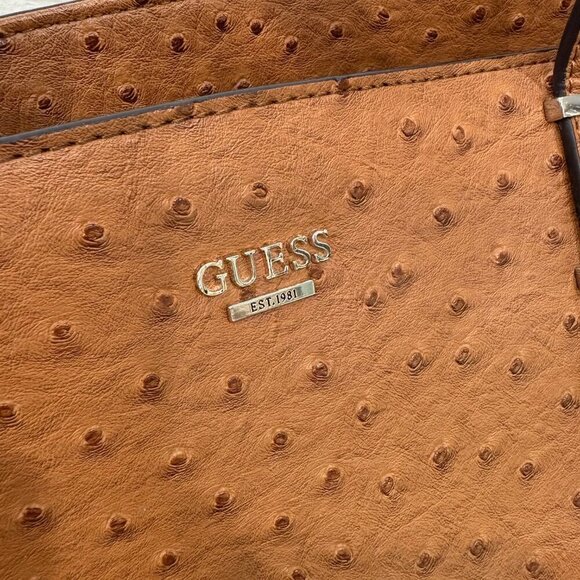 GUESS Brown Faux Ostrich Leather Shoulder Purse Tote Bag 13" x 5" x 9.5" - Picture 5 of 15